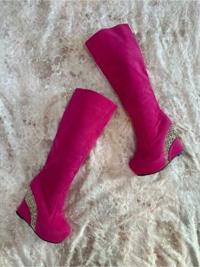 Women's Fuchsia Knee-High Wedge Boots with Glitter Accent